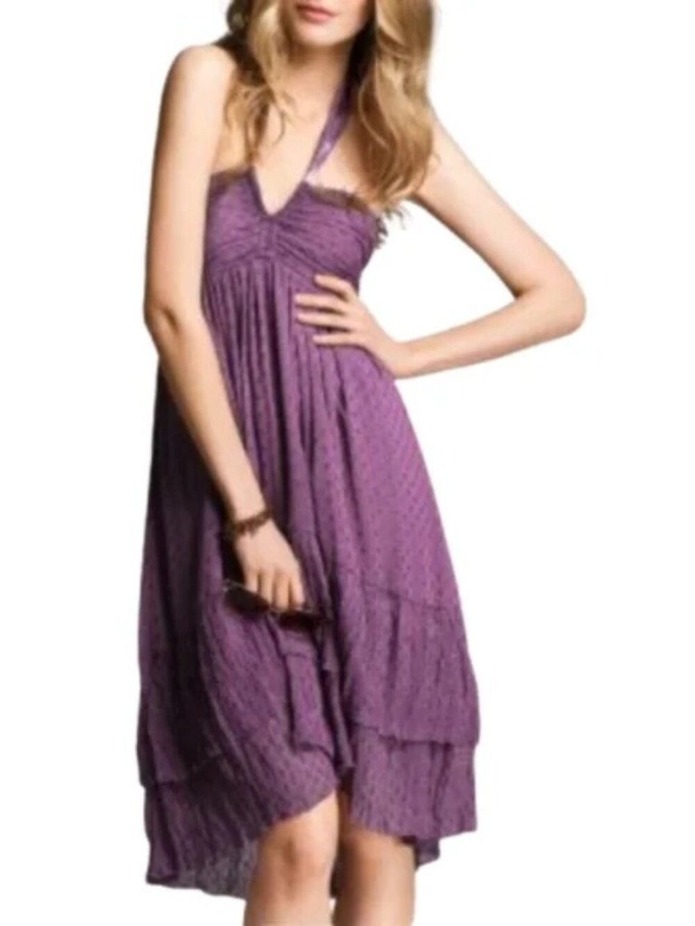 H&M Purple Halter Hi-Lo Dress Dots Ruffle Tiered Pleats Cocktail Party